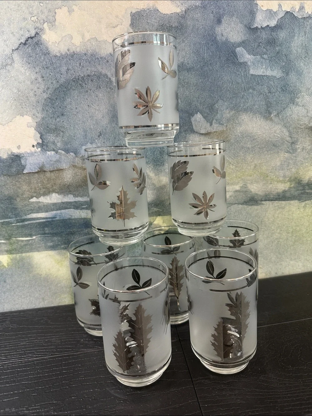 Vintage MCM 1960,s Libbey Frosted Silver Leaf 4.5 Inch Tumbler -Set of 8